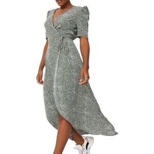 Missguided Wrap Midi Dress Womens US 4 Green White Print Puff Sleeve
